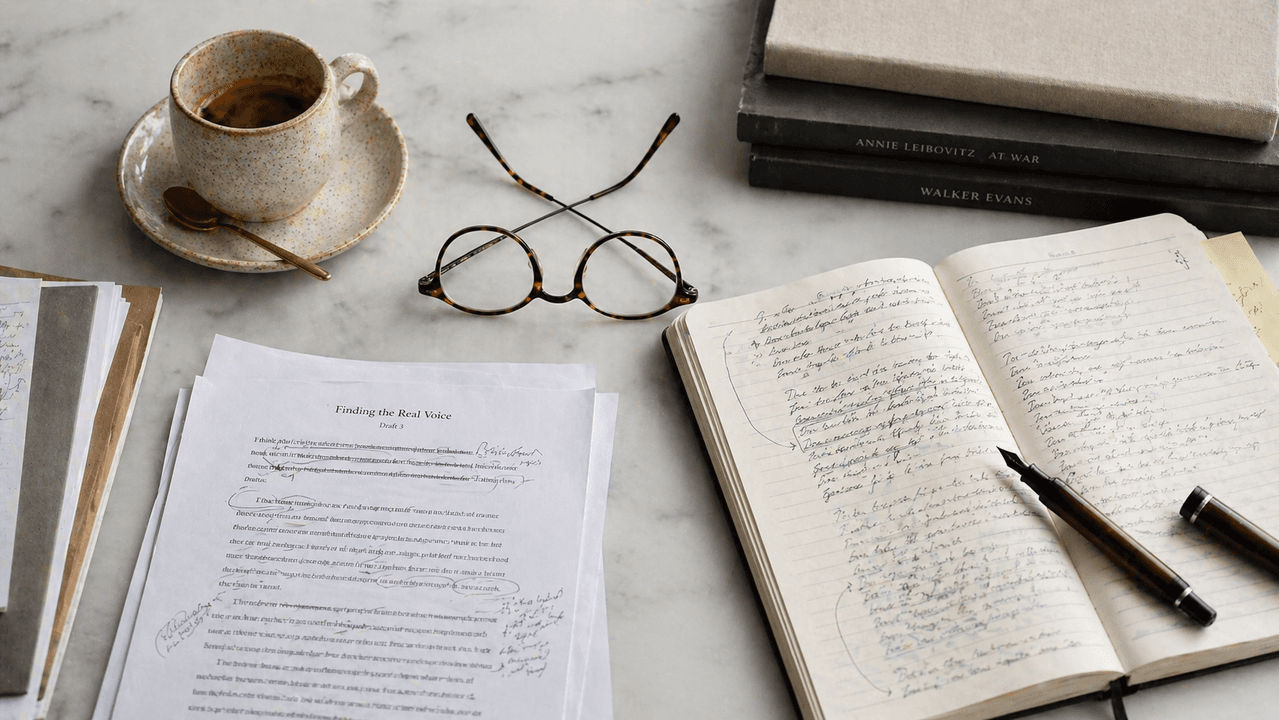 Editorial flat lay of essays, notebook, reading glasses, and espresso