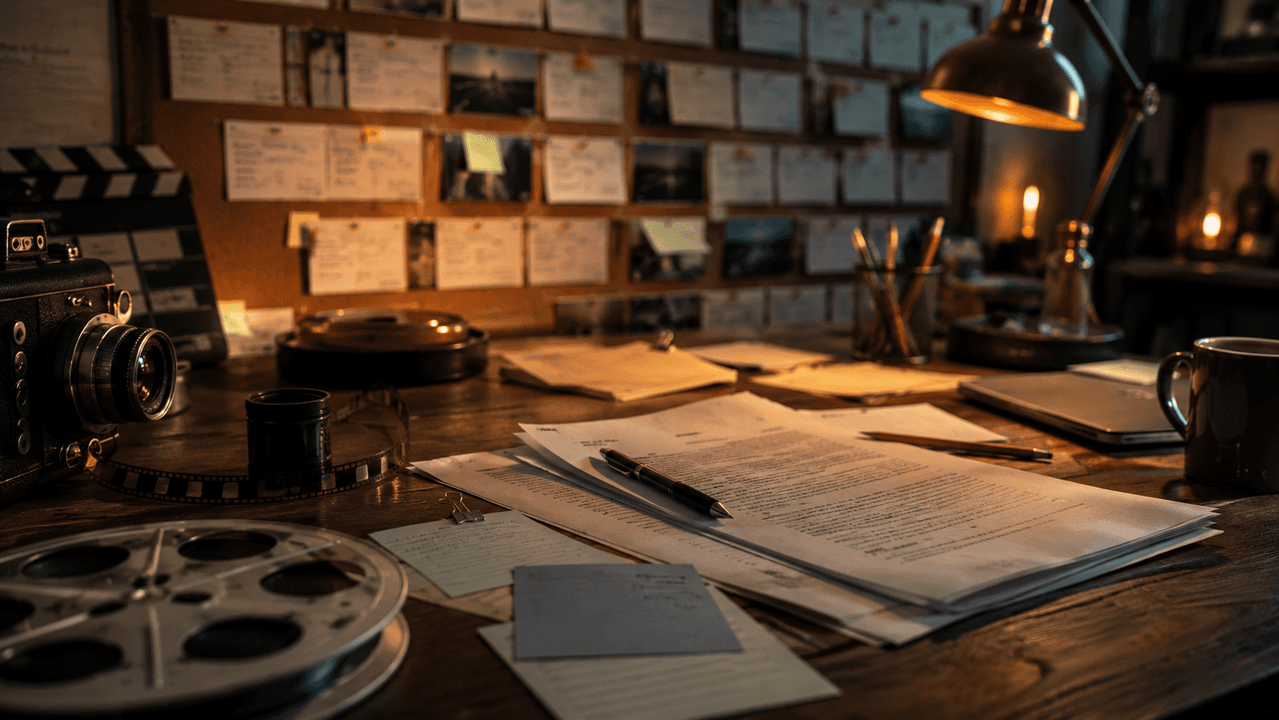 Cinematic writing studio with a screenwriter's desk, storyboards, and film equipment.