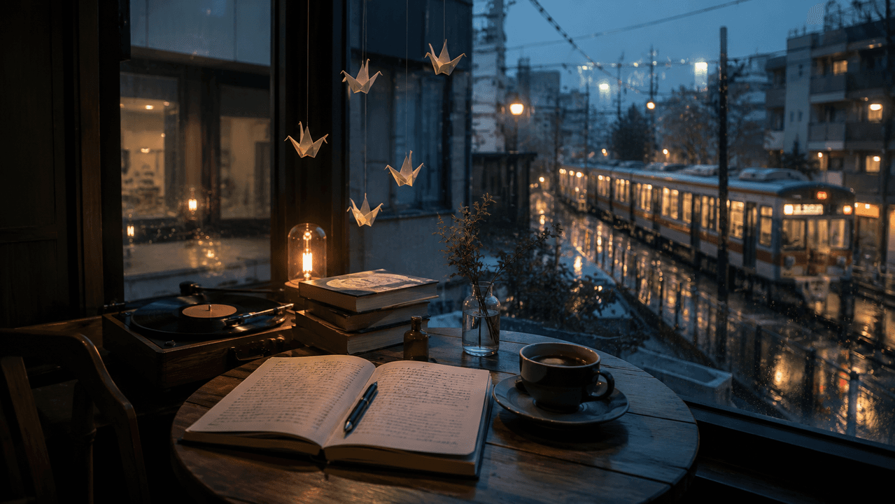 Atmospheric modern Japanese fiction writing scene with quiet city light and manuscript pages.