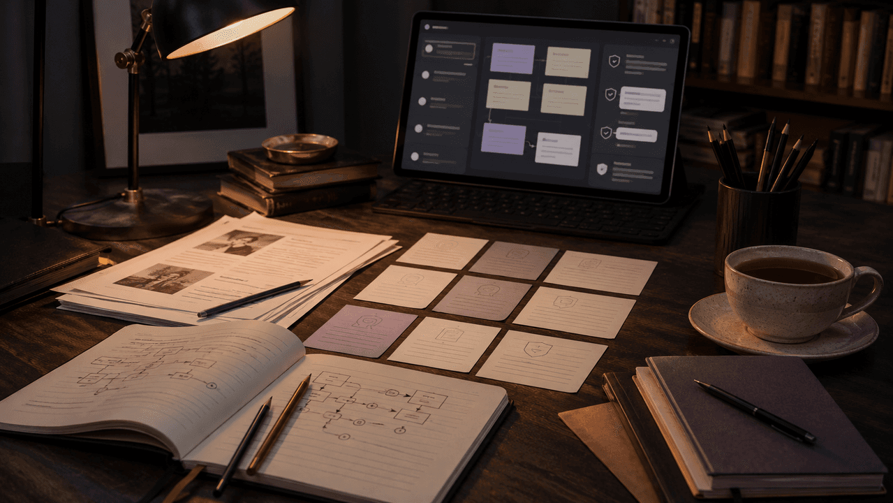 Writer working with AI tools at a modern desk
